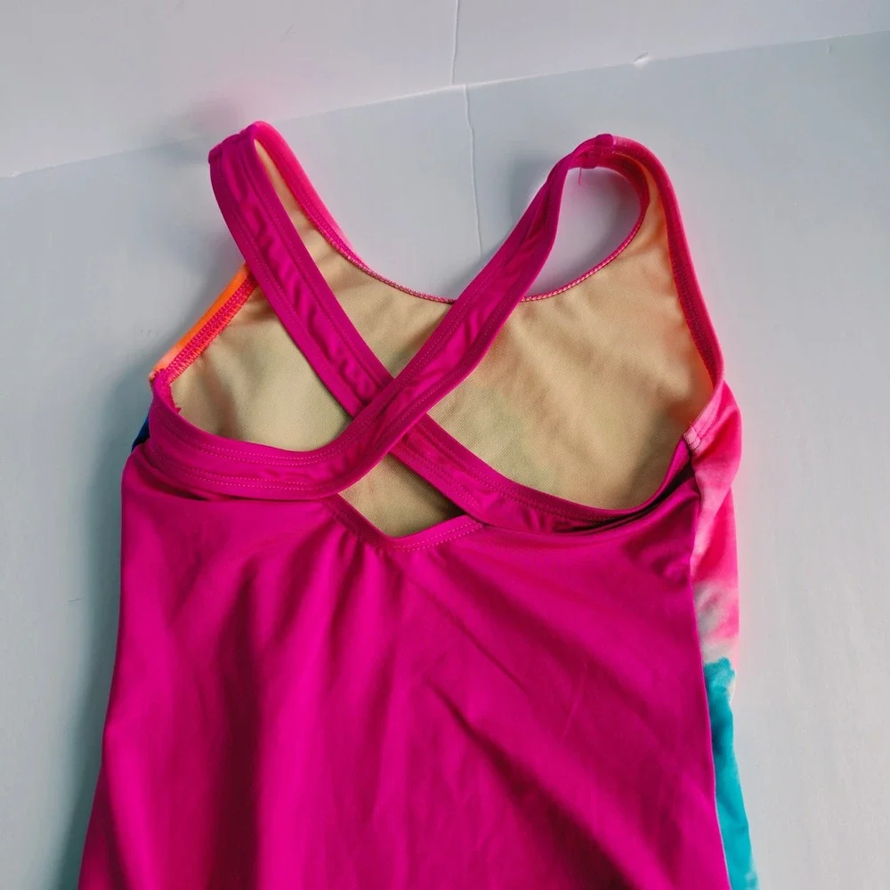 Lands End One Piece Swimsuit Girls 6 Pink Tie Dye Good Crisscross Back